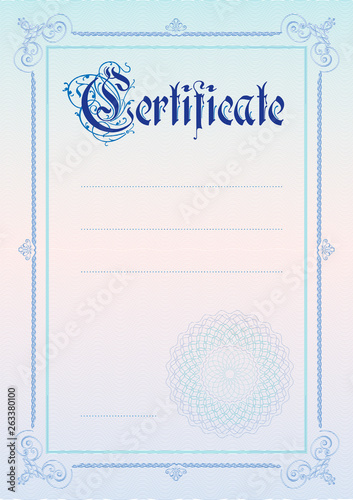 Certificate. Template diploma currency border. Award background Gift voucher. Completion, guarantee.