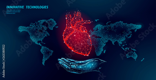 Low poly heart health day. Global world map cardiac awareness medicine banner anatomical health blood system test. Doctor online consultation vector illustration