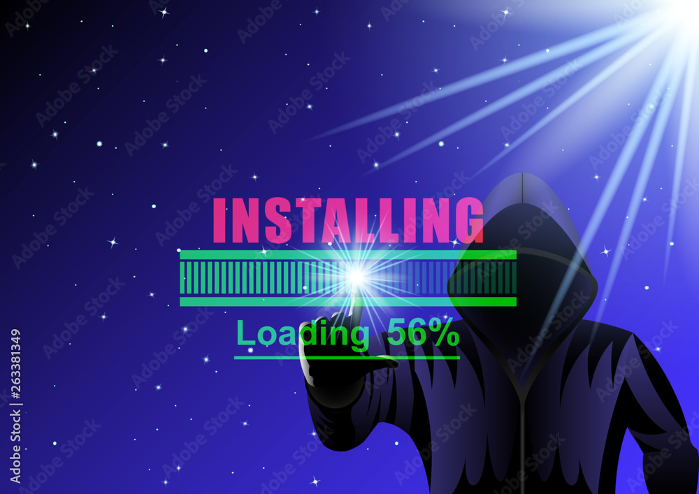hooded man, hacker and Loading bar on a night starry sky digital background