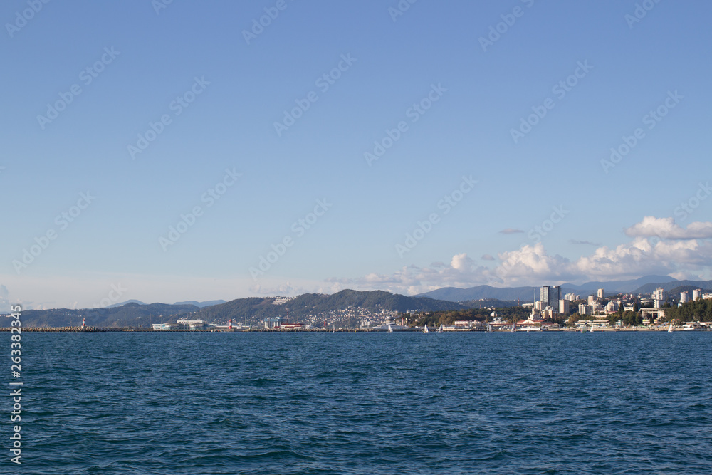 View of the city coast from the sea View of the city coast from the sea