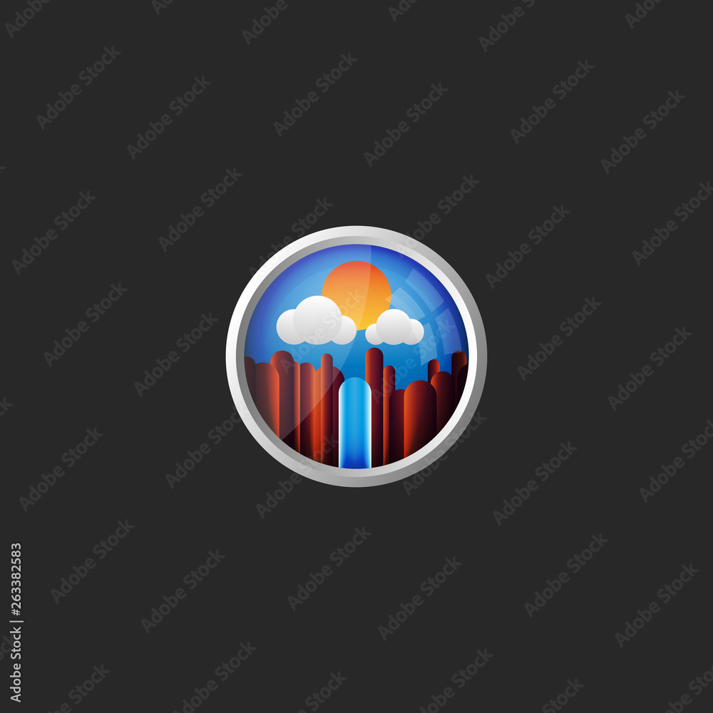 Mountain landscape with a waterfall on a background of blue sky with clouds view from the window of the plane the original 3D gradient round frame logo for a travel agency Mountain landscape with a waterfall on a background of blue sky with clouds view from the window of the plane the original 3D gradient round frame logo for a travel agency