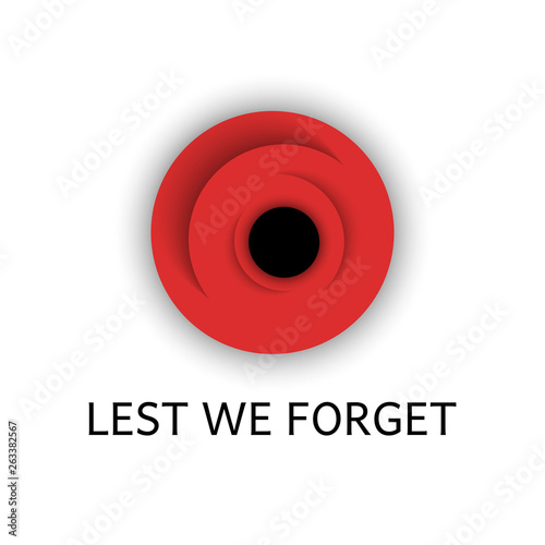 Red poppy flower with text Lest we forget, The remembrance day poppy is an artificial flower symbol of reverence for the millions of soldiers who lost their lives in conflicts photo