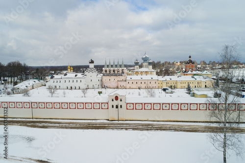 The old Tikhvin Uspensky monastery in the March afternoon (shooting from the quadcopter). Tikhvin, Russia