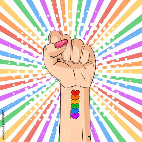 Woman’s hand, the LGBTQ theme. Pride Month.  LGBT equal rights movement and concept of gender equality..Pop art vector illustration..