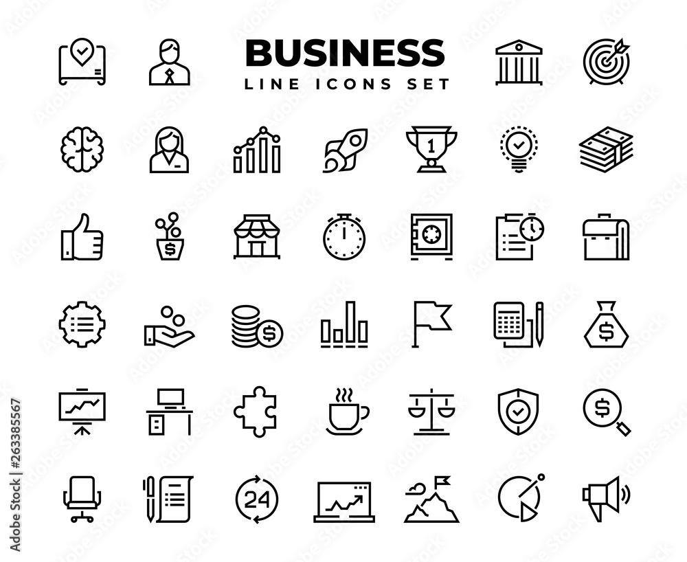 Business line icons. Finance target service support career award presentation idea strategy solution. Business professional successful outline vector set