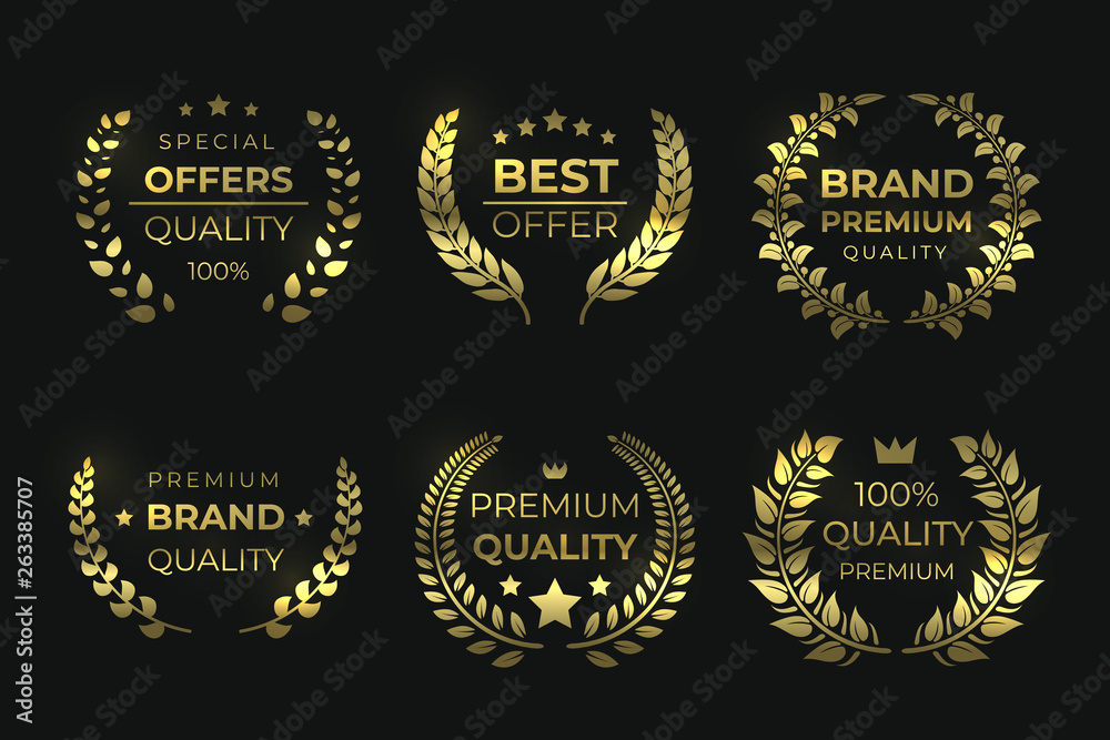 Laurel quality labels. Golden luxury badge, sale foliage wreath with text, high quality guaranteed elements. Vector sale laurels greek wreaths