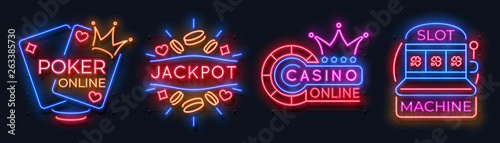 Neon casino banners. Slot machine playing cards lucky roulette gambling signs, online poker game bet. Vector modern neon casino logo set