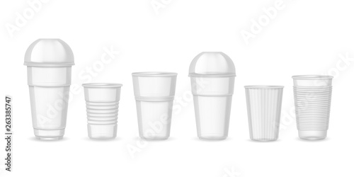 Plastic cups. Realistic transparent coffee juice and beverage containers with lid sample mockup. Vector set design templates isolated on white
