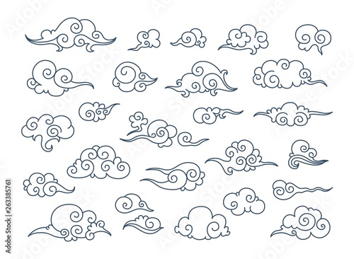 Asian clouds. Chinese oriental ornament japan autumn doodle korean sky decoration traditional vector retro graphic elements art cartoon illustration