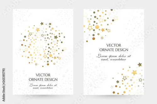 Golden dots and stars design. Stylish vertical posters with ornaments on the white background.