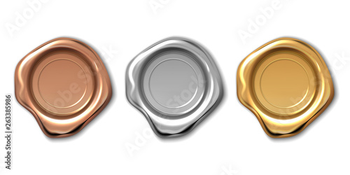Golden wax stamp. Realistic letter label, 3d royal medieval certificate seal, quality guaranteed logo. Vector candle copper platinum wax seal