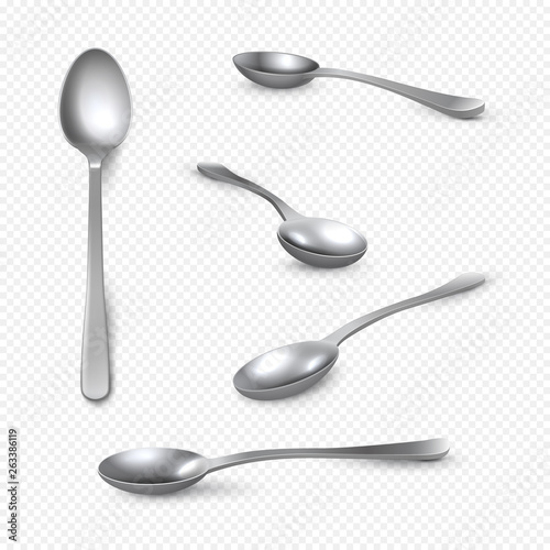 Realistic metal spoon. 3D silver teaspoon isolated on white, stainless steel shiny tablespoon. Vector isometric set table utensils of realistic spoon photo