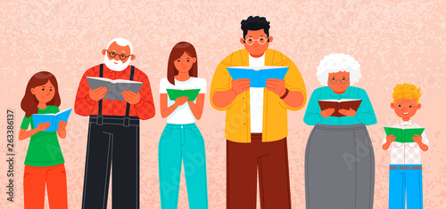 People of different ages read books. Poster for a book exhibition