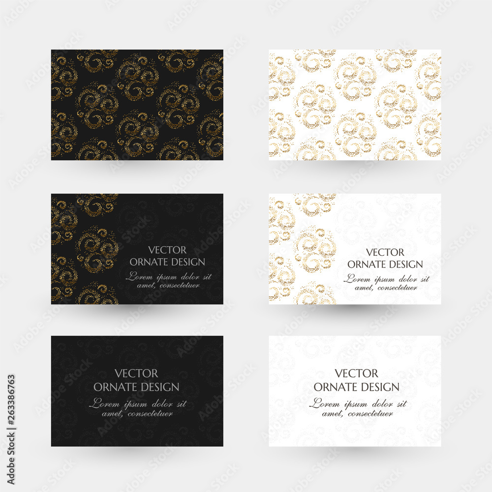 Golden swirls design. Business cards with decorative elements on the black and white background.