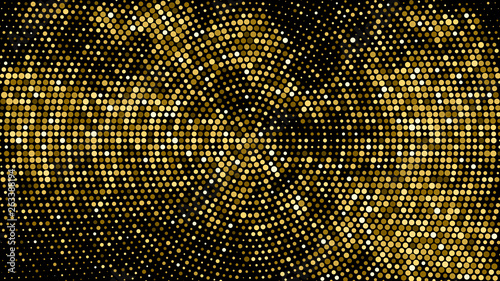 Gold Glitter Halftone Dotted Backdrop. Abstract Circular Retro Pattern. Pop Art Style Background. Golden Explosion Of Confetti. Digitally Generated Image. Vector Illustration, Eps 10.  