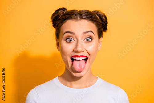 Canvas Print Close up photo of cute attractive lady joking having fun with friends on stroll