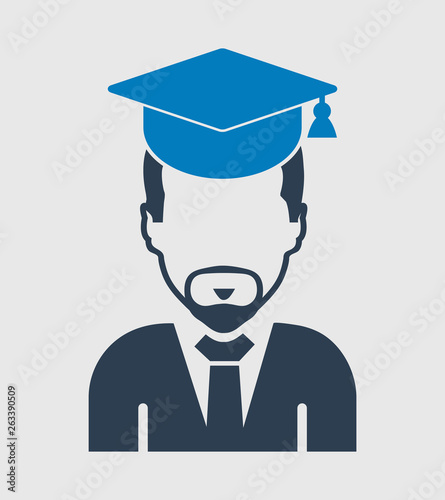 Male graduate student icon with gown and cap. Flat style vector EPS.