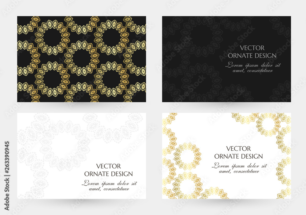 Golden rings in geometrical style. Cards collection. Horizontal banners with decoration elements on the black and white background. Golden rings in geometrical style. Cards collection. Horizontal banners with decoration elements on the black and white background.
