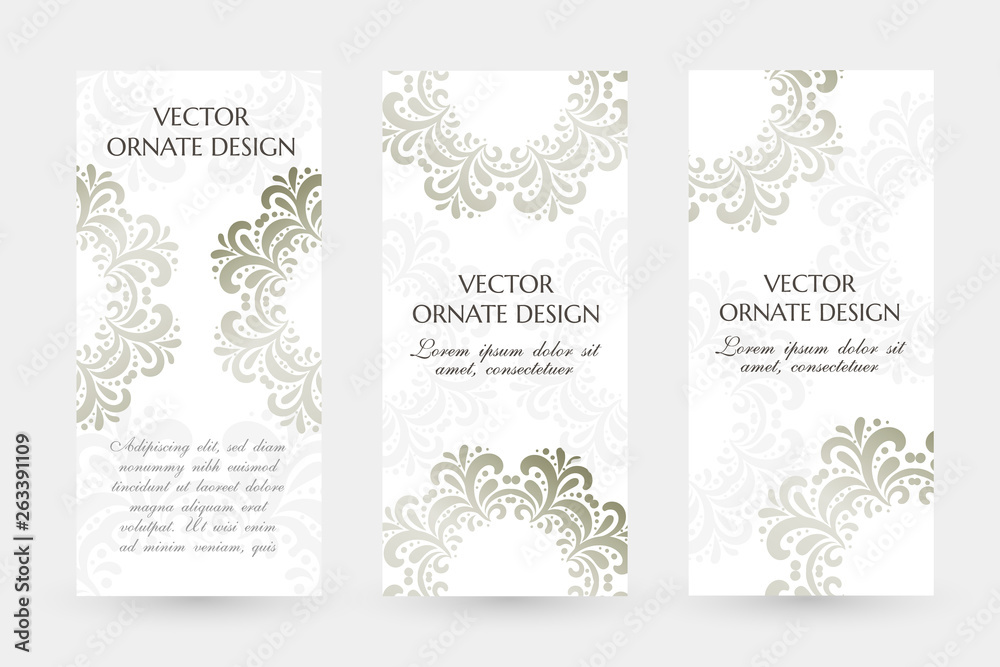 Silver floral motif. Graceful vertical flayers with decoration elements on the white background.