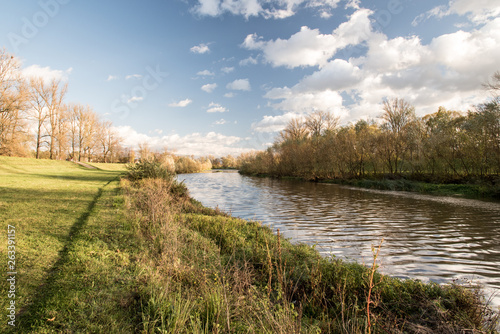 Olse river with grass and colorful trees around in Karvina city in Czech republic