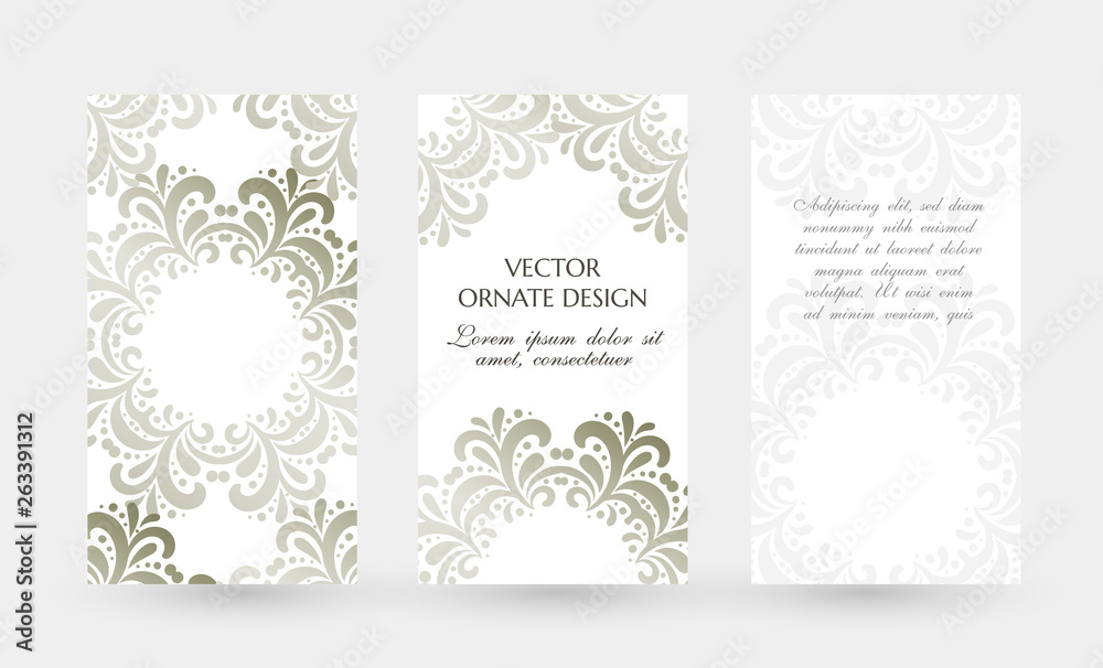 Silver floral motif. Elegant vertical flayers. Vector illustration for event invitation, ceremony card or celebration banner.