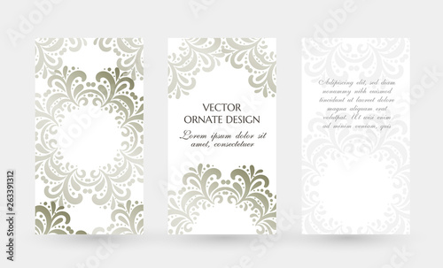 Silver floral motif. Elegant vertical flayers. Vector illustration for event invitation, ceremony card or celebration banner.