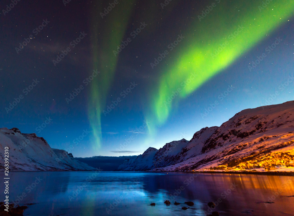 The polar lights in Norway. Tromso. Ersfjord