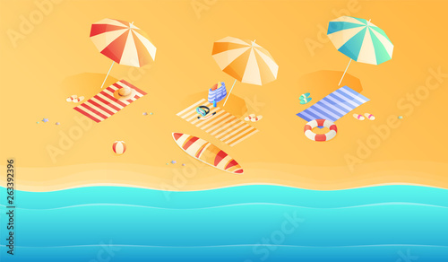 Summer. Vacation and travel concept. Umbrella, beach chair and a ball on the beach. Flat style vector illustration