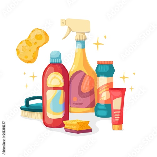 Design banner House cleaning with  cleaning products. Cartoon illustration household chemicals. Temlate for flyer clean up service.  Basket with Goods for home.  Vector