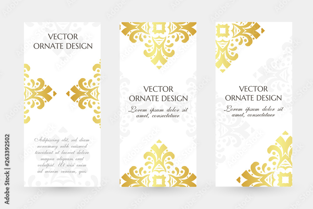 Gold decorative rhombus. Graceful vertical flayers with decoration elements on the white background.