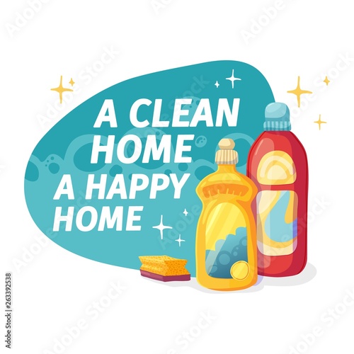 Template banner with chemical battle product for house cleaning. Layout for Cleaning service with household chemicals.  Dishwashing liquid Goods for  home. Vector