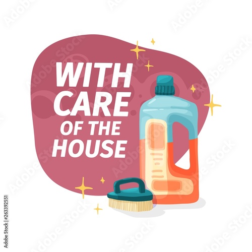 Template banner with chemical battle product for house cleaning. Layout for Cleaning service with household chemicals.  Goods for  home. Vector