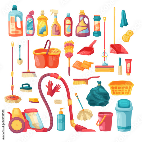 Household set and cleaning supplies icons. Cartoon vector illustration with cleaning products, household chemicals and  goods for home. Vector