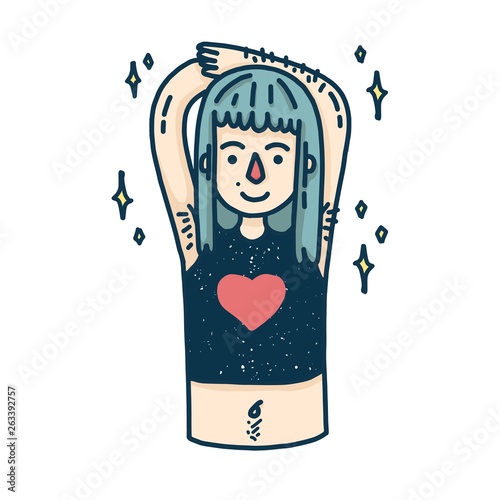 Design banner with a young girl.  Cute cartoon woman with body hair. Happy character for a body positive poster.  Feminist teenager model with unshaven armpits. Vector.