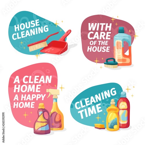 Set design banner House cleaning with cleaning products. Cartoon illustration household chemicals. Temlate for flyer clean up service. Chemicals bottle for floor and windows. Vector.