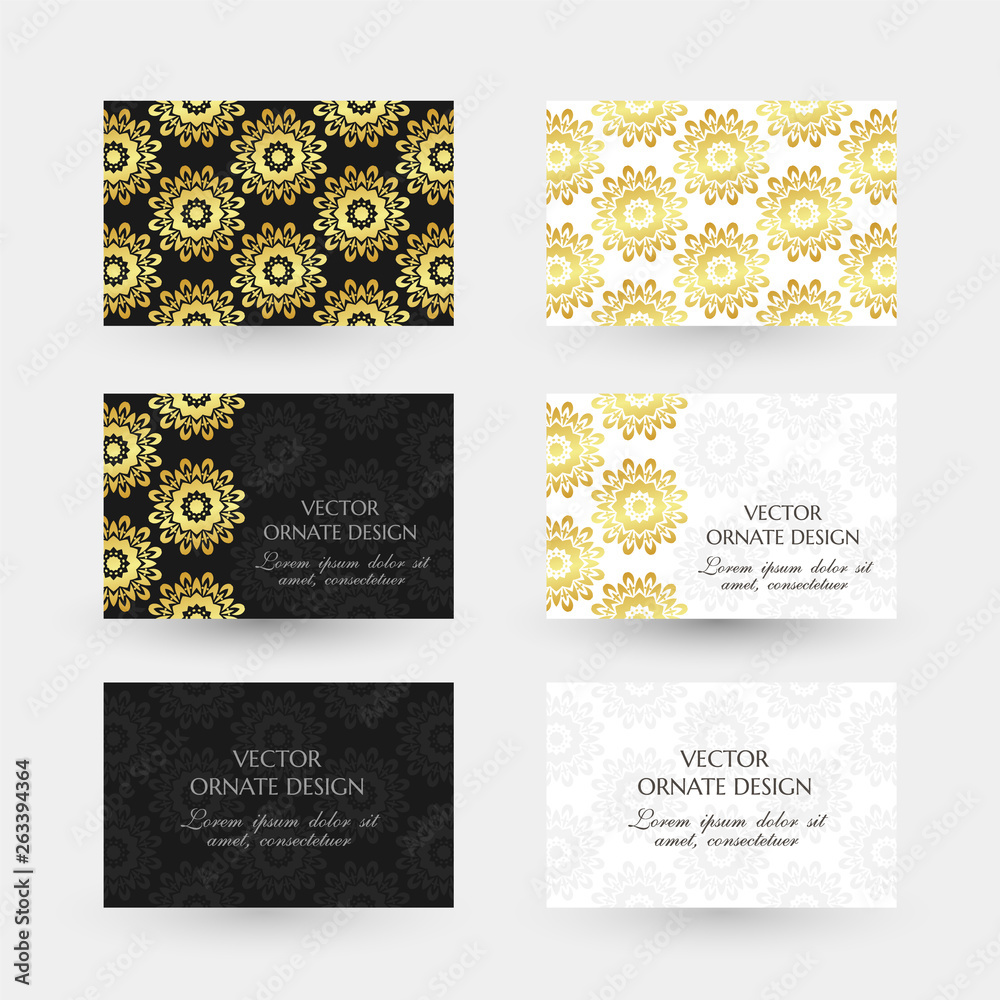 Golden floral motif. Business cards with ornaments on the black and white background.