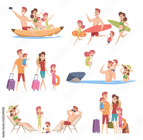Summer travellers. Happy love couple with childrens beach walking vacation trip outdoor adventure vector characters collection. Illustration of vacation travel family, holiday tourism