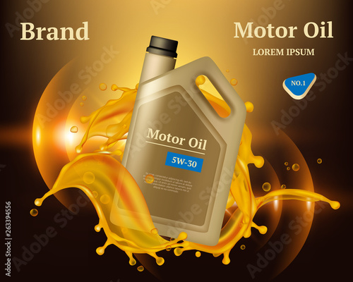 Machine oil. Engine diesel filter golden yellow drops and splashes vector advertizing placard realistic background. Illustration of motor oil for engine machine