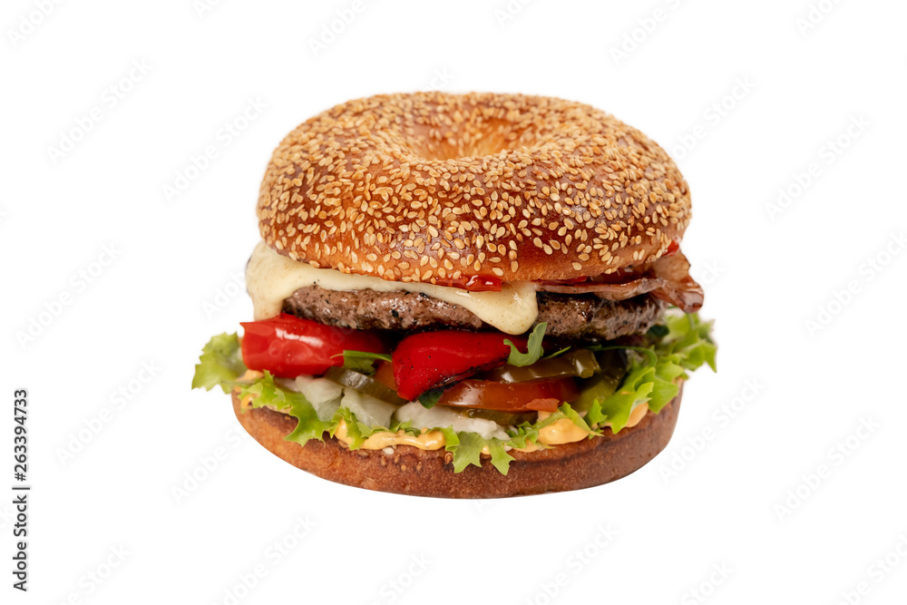 Juicy fresh Burger with pepper on white isolated background Juicy fresh Burger with pepper on white isolated background