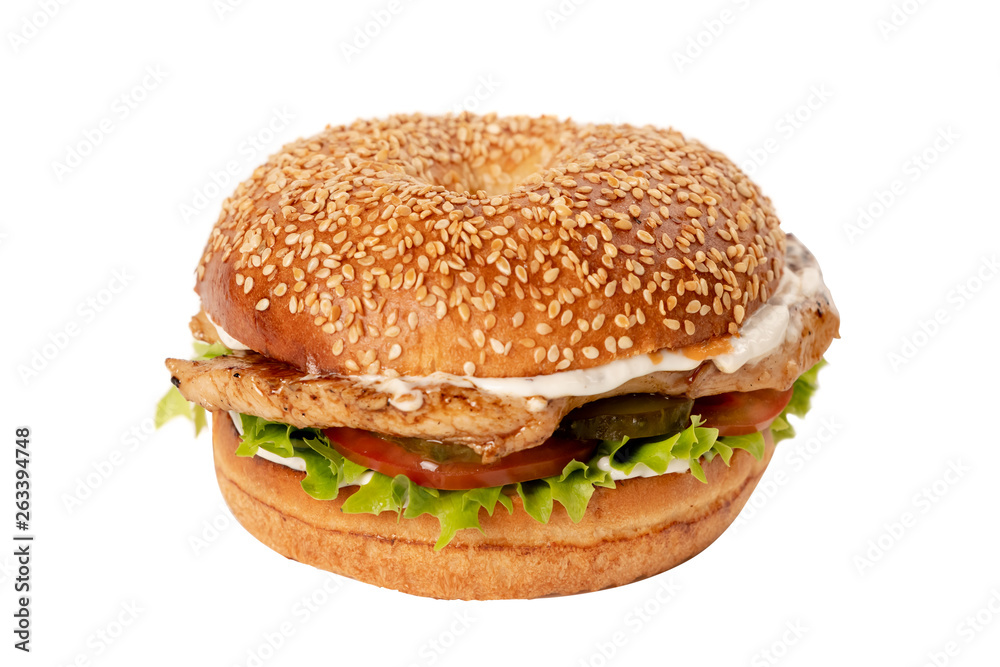 Juicy fresh hamburger with chicken on white isolated background Juicy fresh hamburger with chicken on white isolated background