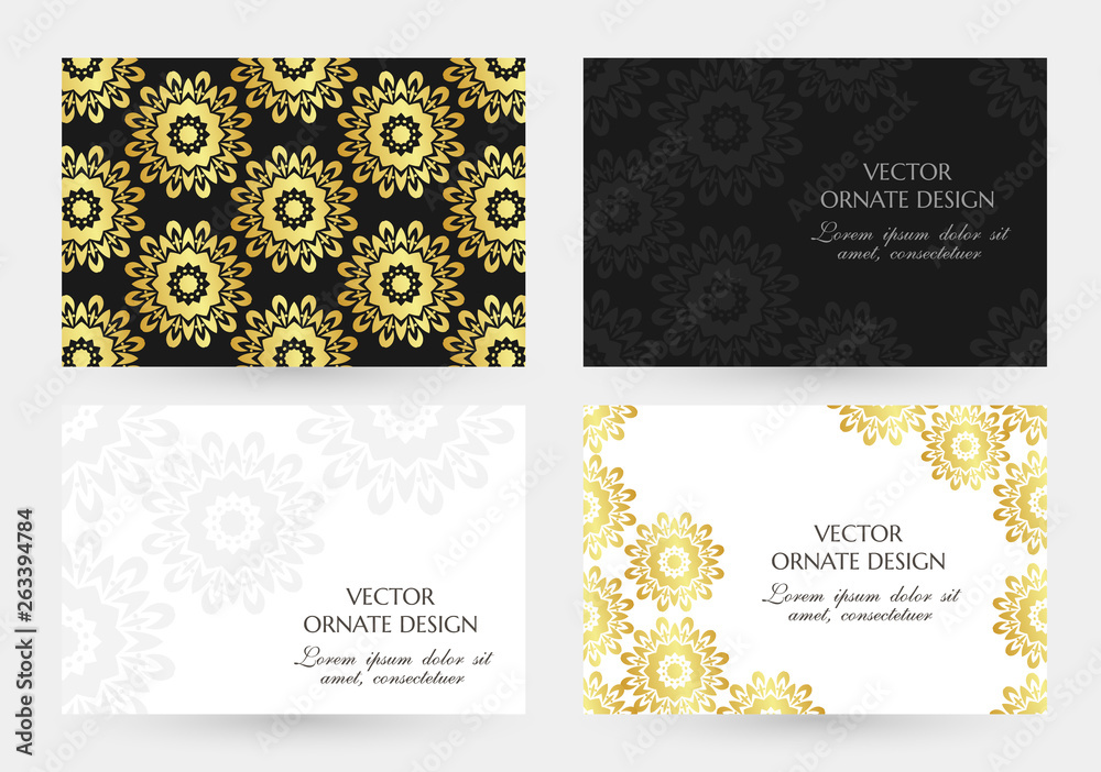 Golden floral motif. Cards collection. Horizontal banners with decoration elements on the black and white background.