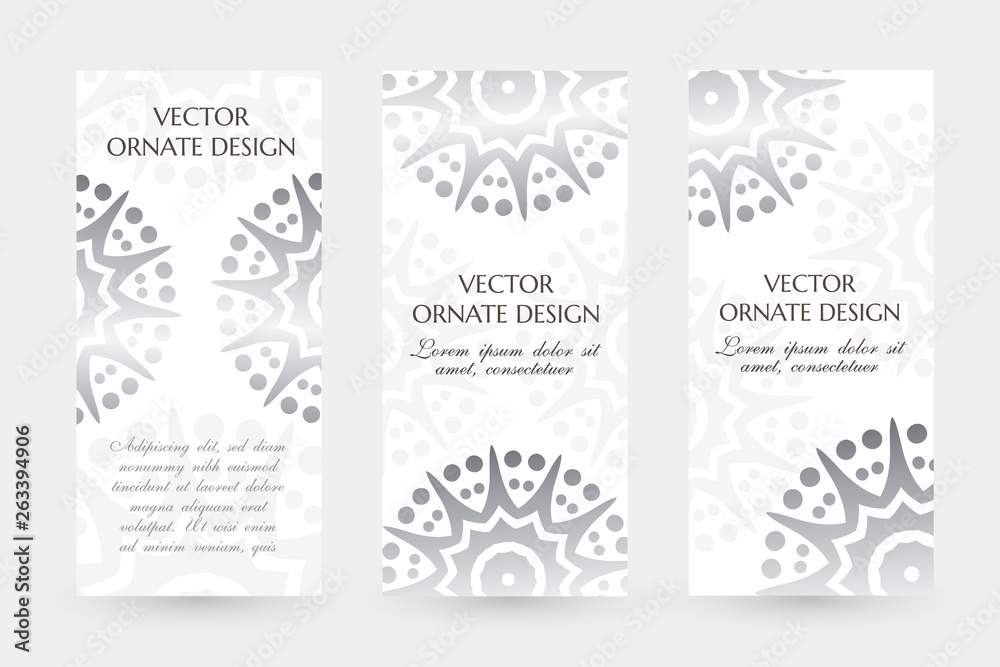 Silver star shape motif. Graceful vertical flayers with decoration elements on the white background.