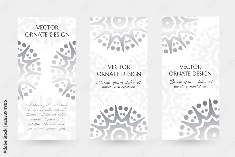 Silver star shape motif. Graceful vertical flayers with decoration elements on the white background. Silver star shape motif. Graceful vertical flayers with decoration elements on the white background.