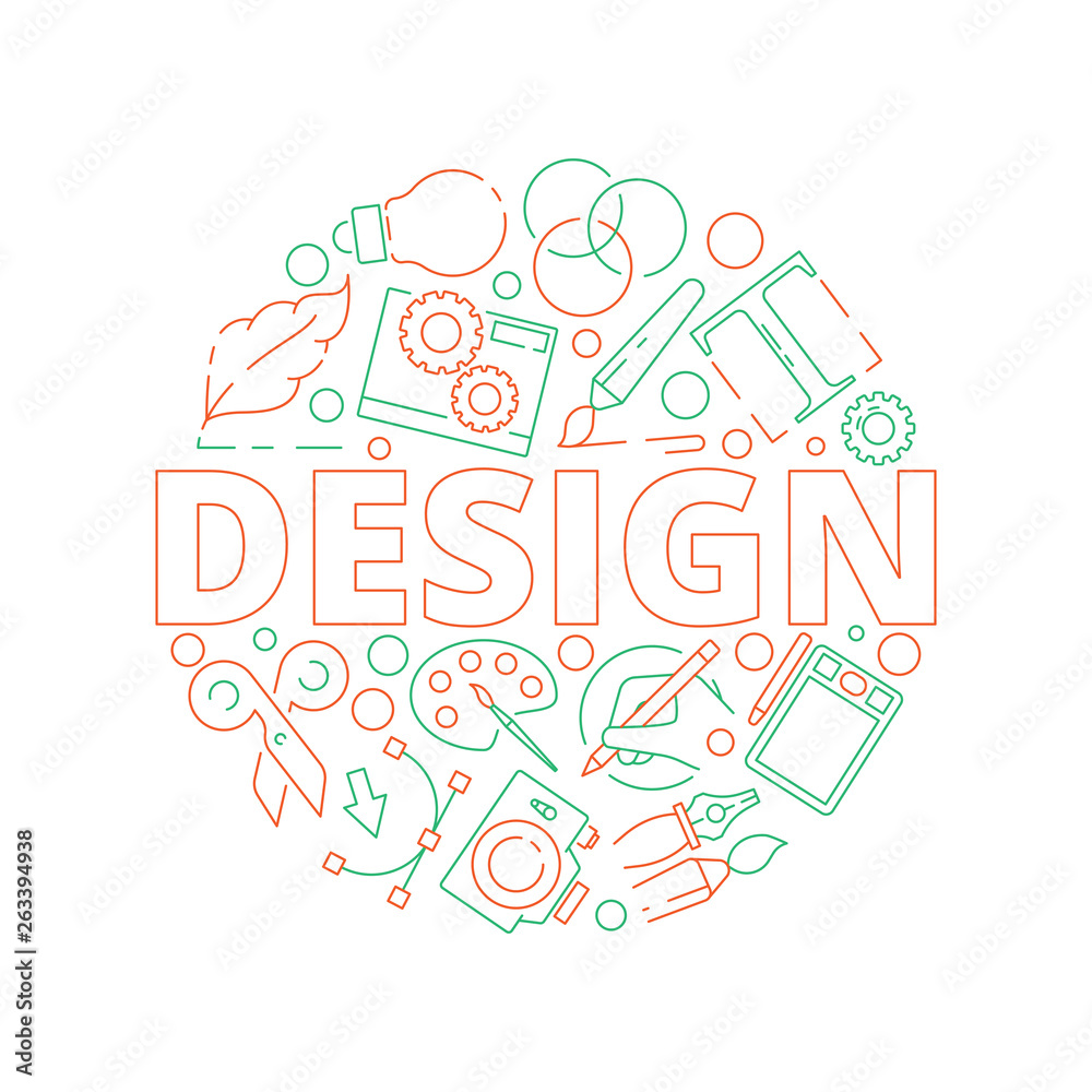 Graphic design tools background. Print typography web design creative art items in circle shape vector illustrations. Instrument drawing, scissors and palette