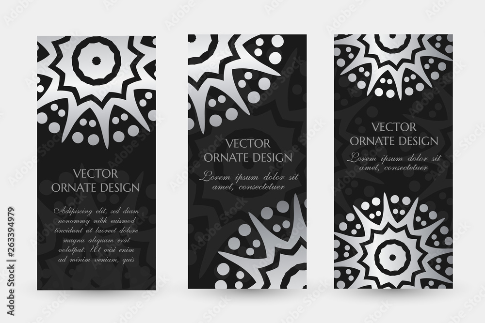 Silver star shape motif. Luxury vertical flayers with ornaments on the black background.