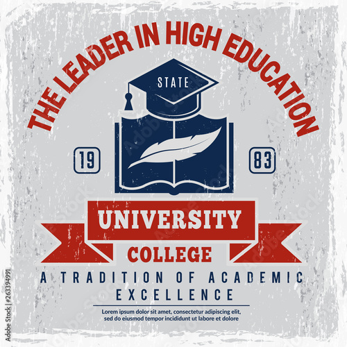 College poster. University identity placard school vector picture with place for text. University and college education, study educational illustration