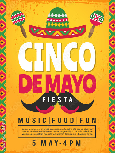 Poster of mexican fiesta. Design template of party invitation. Vector mexican fiesta, cinco de mayo card illustration photo