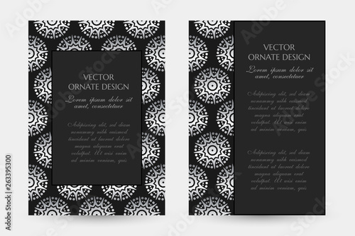 Silver star shape motif. Luxury vertical posters with decorative frame and border on the black background.