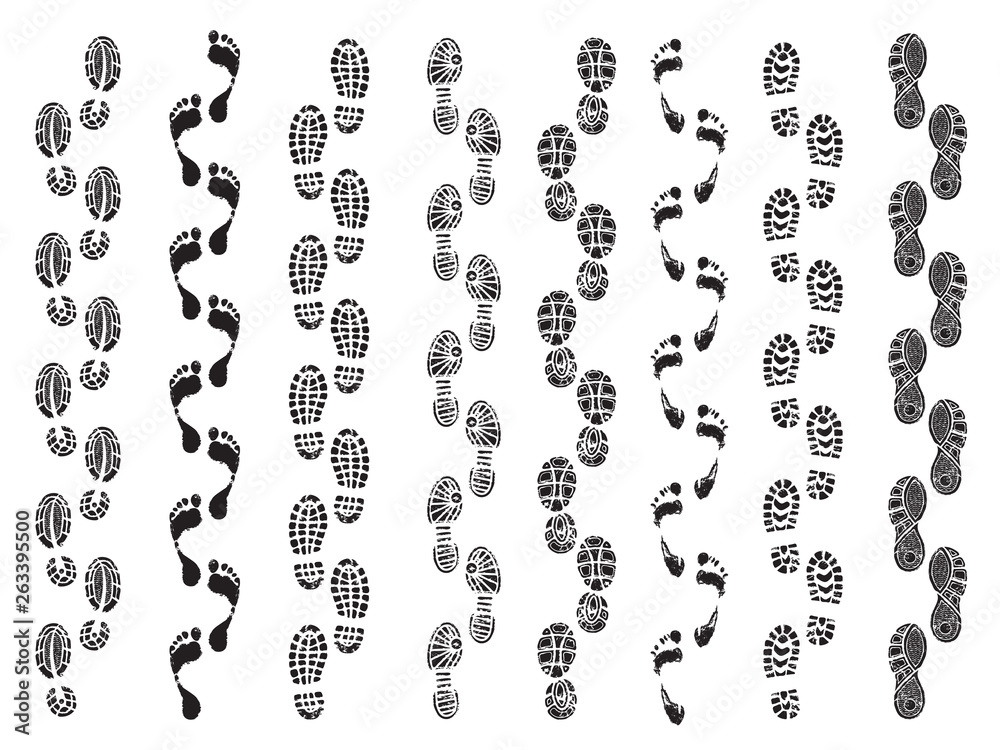 Footprints shapes. Movement direction of human shoes boots walking  footprints vector silhouettes. Footprint and imprint trail, footwear human  walking illustration Stock Vector | Adobe Stock
