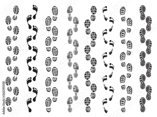 Footprints shapes. Movement direction of human shoes boots walking footprints vector silhouettes. Footprint and imprint trail, footwear human walking illustration